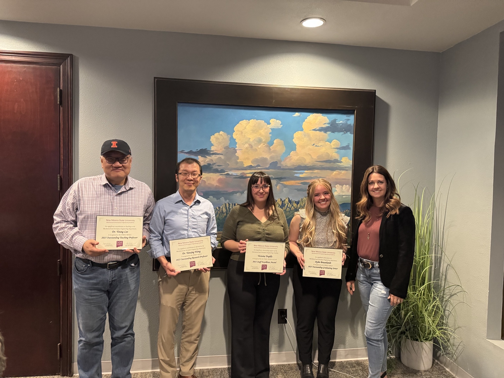 from left to right; Excellent Research and Teaching Professor Awards: Dr. Young Lee, Dr. Yangxing Wang, Staff Excellence Awards: Victoria Trujillo, Margaret Vasquez (not pictured) Outstanding Graduating Student Award: Kylie Braunhardt, NMSU MAEA President, Crystal McCaslin